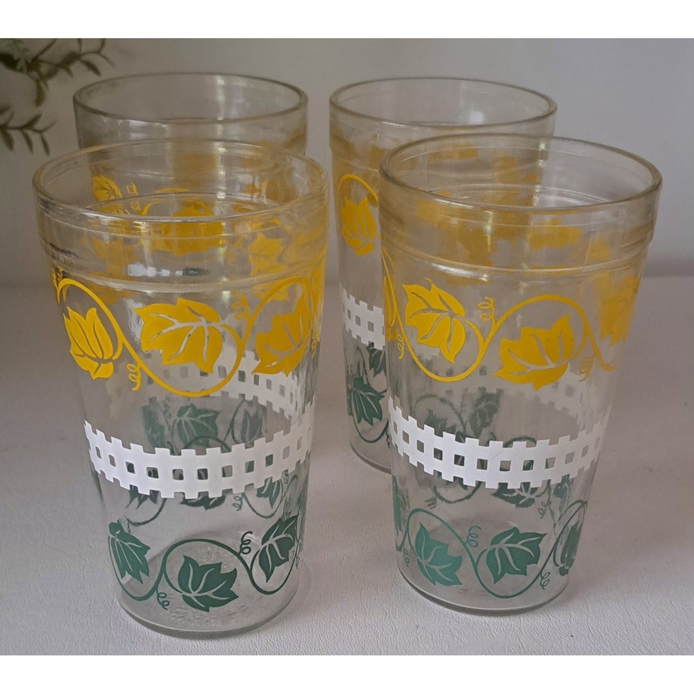 4 Vintage Jelly/Peanut Butter Drinking Glass Ivy + White Picket Fence 16 oz